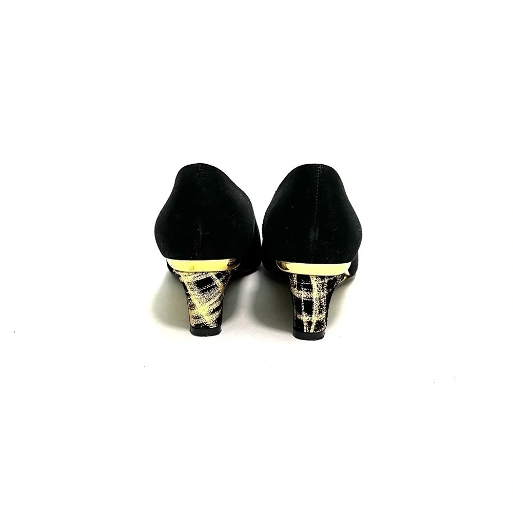 Vintage 1970s black suede oversize buckle gold painted wedge heels